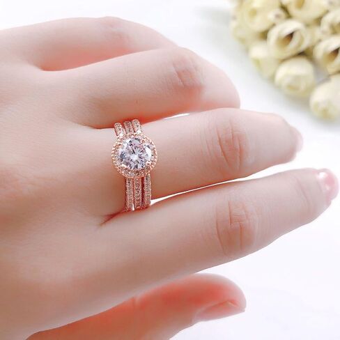 Wedding Ring Set for Women Three-in-One Engagement Rings 18K White/Rose Gold Plated Cubic Zirconia Promise Eternity Band Stackable Rings for Size 5-10 in Saudi Arabia