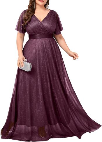Women's Plus Size Formal Dress Sparkly V Neck Ruffle Sleeve A Line Evening Gown Wedding Guest Bridesmaid Dresses in Kuwait