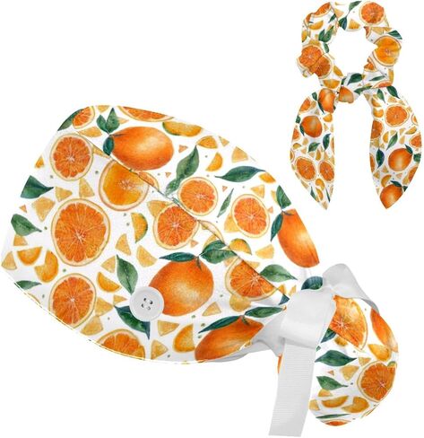 Scrub Caps Women, Surgical Caps with Buttons, Ponytail Nurse Hat, Bouffant Scrub Hats with Hair Scrunchy Adjustable, Orange Cute Cartoon Fruit Pastorable Vintage Lovely in Kuwait