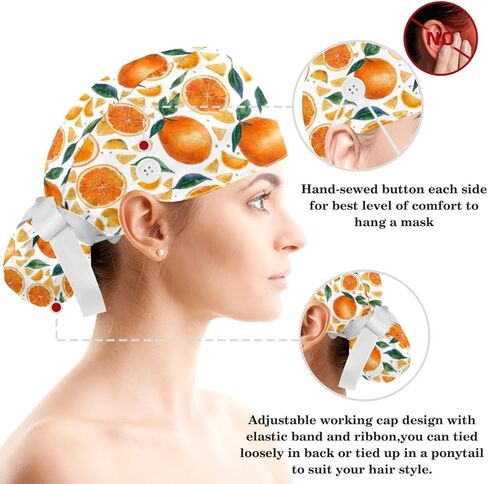 Scrub Caps Women, Surgical Caps with Buttons, Ponytail Nurse Hat, Bouffant Scrub Hats with Hair Scrunchy Adjustable, Orange Cute Cartoon Fruit Pastorable Vintage Lovely in Kuwait