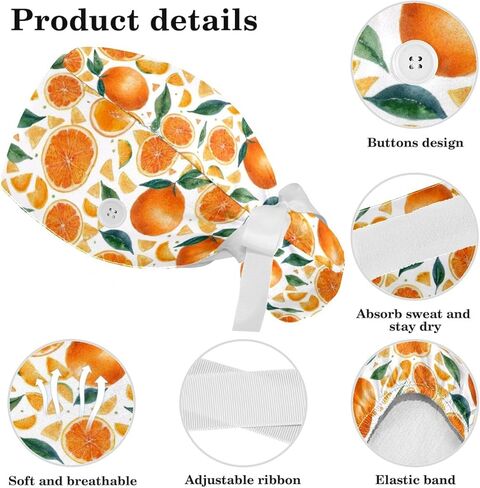 Scrub Caps Women, Surgical Caps with Buttons, Ponytail Nurse Hat, Bouffant Scrub Hats with Hair Scrunchy Adjustable, Orange Cute Cartoon Fruit Pastorable Vintage Lovely in Kuwait