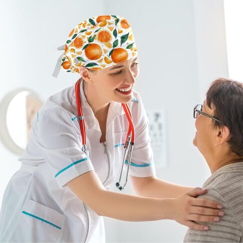 Scrub Caps Women, Surgical Caps with Buttons, Ponytail Nurse Hat, Bouffant Scrub Hats with Hair Scrunchy Adjustable, Orange Cute Cartoon Fruit Pastorable Vintage Lovely in Kuwait