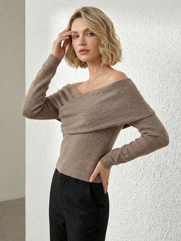 Women's Off The Shoulder Sweater Twist Asymmetrical Knit Crop Pullovers Fall Going Out Outfits in Saudi Arabia