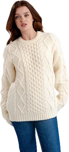 Women Wool Sweater Cable Knit Fisherman Pullover - 100% Virgin Wool, Made in Ireland in Saudi Arabia