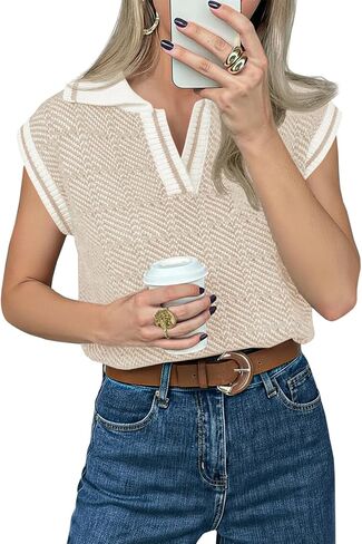 Saodimallsu Womens Short Sleeve Sweater Tops V Neck Polo Shirts Summer Casual Loose Knit Color Block Sweater Vest in Saudi Arabia