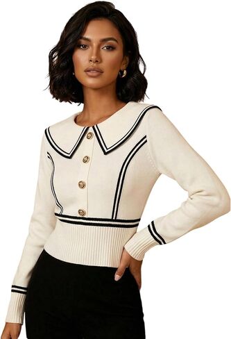 Women's Button Front Doll Collar Sweater Old Money Striped Long Sleeve Knit Work Pullovers in Saudi Arabia