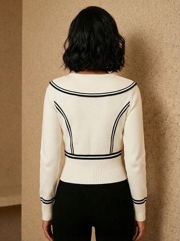 Women's Button Front Doll Collar Sweater Old Money Striped Long Sleeve Knit Work Pullovers in Saudi Arabia