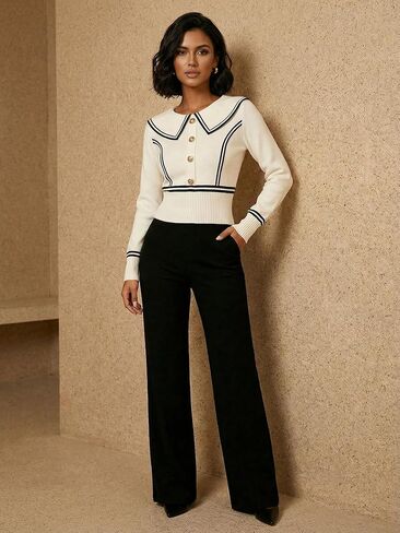 Women's Button Front Doll Collar Sweater Old Money Striped Long Sleeve Knit Work Pullovers in Saudi Arabia