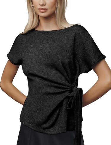 Yeokou Womens Wrap Sweater Casual Elegant Short Sleeve Round Neck Tie Waist Pullover Spring Summer Dressy Shirt Top in Saudi Arabia