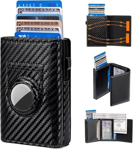 Genuine Leather Wallet for Men Slim AirTag Holder RFID Blocking Pop Up Card Case 9-14 Capacity ID Window Cash Slot Gift Box (Carbon Fiber Black) in Saudi Arabia