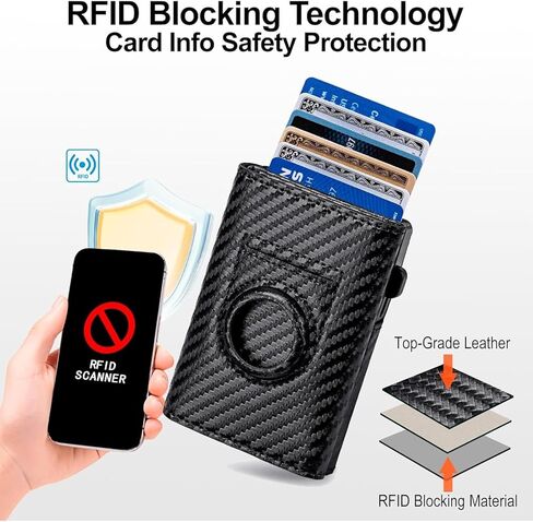 Genuine Leather Wallet for Men Slim AirTag Holder RFID Blocking Pop Up Card Case 9-14 Capacity ID Window Cash Slot Gift Box (Carbon Fiber Black) in Saudi Arabia