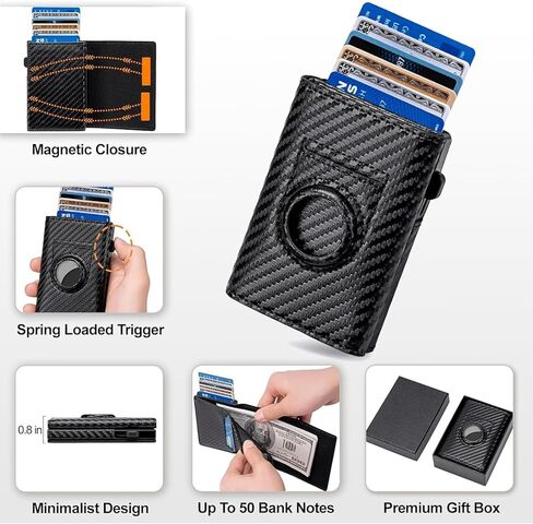 Genuine Leather Wallet for Men Slim AirTag Holder RFID Blocking Pop Up Card Case 9-14 Capacity ID Window Cash Slot Gift Box (Carbon Fiber Black) in Saudi Arabia