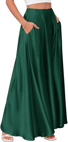 Anjikang Satin Maxi Skirts for Women High Waist Tummy Control Flowy A Line Skirt Business Casual Work Slik Skirts with Pocket in Saudi Arabia