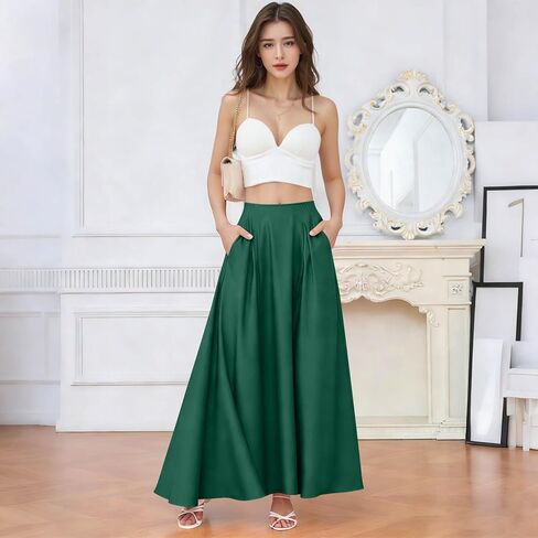 Anjikang Satin Maxi Skirts for Women High Waist Tummy Control Flowy A Line Skirt Business Casual Work Slik Skirts with Pocket in Saudi Arabia