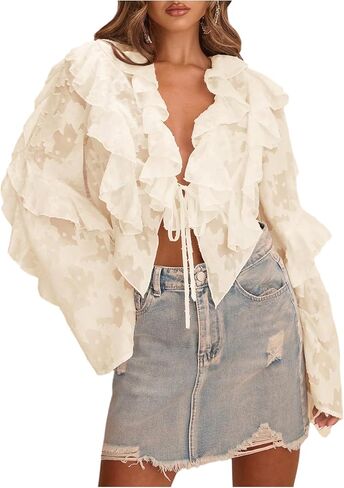 بلوزة نسائية من MakeMeChic بربطة عنق على شكل حرف V وأكمام جرس أنيقة للخروج ملابس الربيع in Kuwait