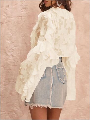 MakeMeChic Women's Tie V Neck Blouse Ruffle Trim Bell Sleeve Elegant Going Out Crop Tops Spring Clothes in Saudi Arabia