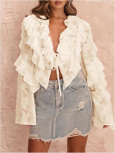 MakeMeChic Women's Tie V Neck Blouse Ruffle Trim Bell Sleeve Elegant Going Out Crop Tops Spring Clothes in Saudi Arabia