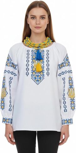 Ukrainian Vyshyvanka Blouse with Trident Truzyb Vishivanka Summer Top Women's Cotton Embroidery Embroidered Top in Saudi Arabia