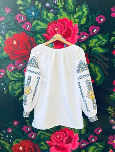 Ukrainian Vyshyvanka Blouse with Trident Truzyb Vishivanka Summer Top Women's Cotton Embroidery Embroidered Top in Saudi Arabia