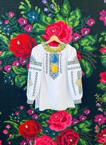 Ukrainian Vyshyvanka Blouse with Trident Truzyb Vishivanka Summer Top Women's Cotton Embroidery Embroidered Top in Saudi Arabia
