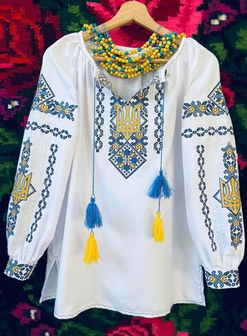 Ukrainian Vyshyvanka Blouse with Trident Truzyb Vishivanka Summer Top Women's Cotton Embroidery Embroidered Top in Saudi Arabia