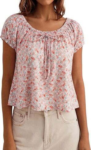 Loemes Women Summer Crewneck Babydoll Tops Cute Peplum Casual Short Sleeve Loose Fit Flowy Blouses 2026 in Saudi Arabia