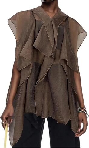 OYOANGLE Women's Asymmetrical Ruffle Chiffon Blouse Sheer Cap Sleeve V Neck Flowy Trendy Tops in Saudi Arabia