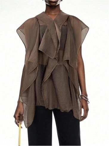 OYOANGLE Women's Asymmetrical Ruffle Chiffon Blouse Sheer Cap Sleeve V Neck Flowy Trendy Tops in Saudi Arabia