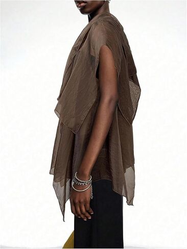 OYOANGLE Women's Asymmetrical Ruffle Chiffon Blouse Sheer Cap Sleeve V Neck Flowy Trendy Tops in Saudi Arabia