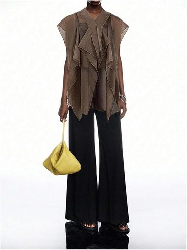 OYOANGLE Women's Asymmetrical Ruffle Chiffon Blouse Sheer Cap Sleeve V Neck Flowy Trendy Tops in Saudi Arabia