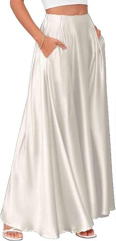 Anjikang Satin Maxi Skirts for Women High Waist Tummy Control Flowy A Line Skirt Business Casual Work Slik Skirts with Pocket in Saudi Arabia