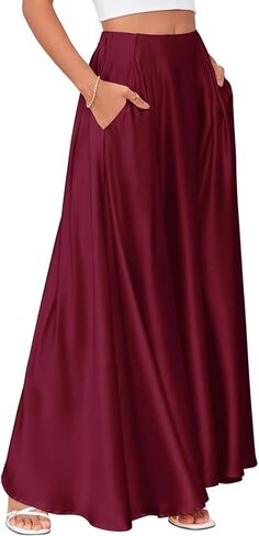 Anjikang Satin Maxi Skirts for Women High Waist Tummy Control Flowy A Line Skirt Business Casual Work Slik Skirts with Pocket in Saudi Arabia