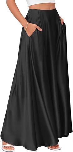 Anjikang Satin Maxi Skirts for Women High Waist Tummy Control Flowy A Line Skirt Business Casual Work Slik Skirts with Pocket in Saudi Arabia