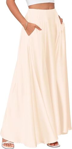 Anjikang Satin Maxi Skirts for Women High Waist Tummy Control Flowy A Line Skirt Business Casual Work Slik Skirts with Pocket in Saudi Arabia