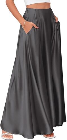 Anjikang Satin Maxi Skirts for Women High Waist Tummy Control Flowy A Line Skirt Business Casual Work Slik Skirts with Pocket in Saudi Arabia