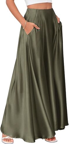 Anjikang Satin Maxi Skirts for Women High Waist Tummy Control Flowy A Line Skirt Business Casual Work Slik Skirts with Pocket in Saudi Arabia