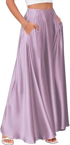 Anjikang Satin Maxi Skirts for Women High Waist Tummy Control Flowy A Line Skirt Business Casual Work Slik Skirts with Pocket in Saudi Arabia