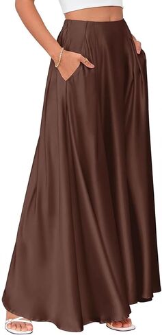 Anjikang Satin Maxi Skirts for Women High Waist Tummy Control Flowy A Line Skirt Business Casual Work Slik Skirts with Pocket in Saudi Arabia