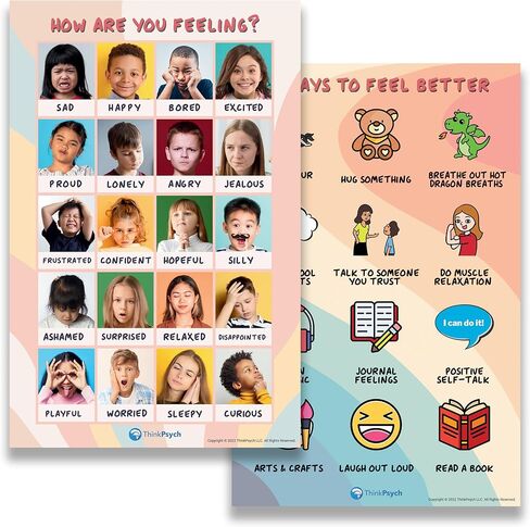 2 Laminated Feelings Posters for Kids - English & Spanish - Calm Down Corner Supplies - Therapy & School Counselor Supplies - Emotions Posters for Home and Calming Corner Classroom in Kuwait