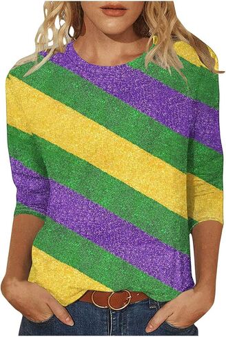 Mardi Gras Shirts for Women 3/4 Sleeve Tops Mask Crewneck Blouse Funny Print Carnival Party Sequin Tshirt Tunic Tops in Kuwait