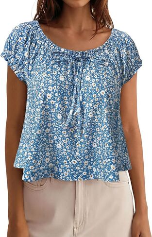 Loemes Women Summer Crewneck Babydoll Tops Cute Peplum Casual Short Sleeve Loose Fit Flowy Blouses 2026 in Saudi Arabia