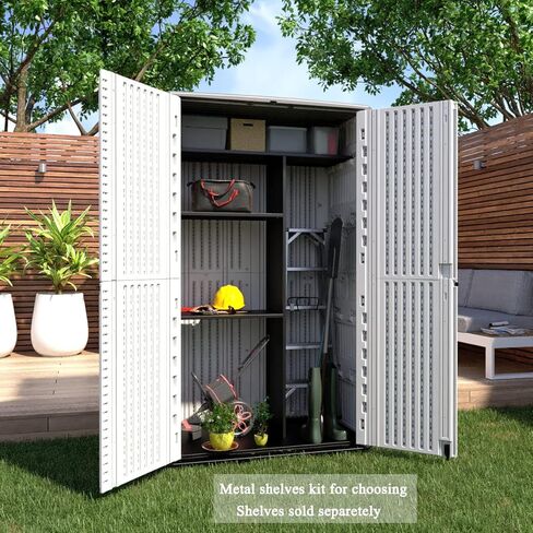 66 Cu.ft Vertical Storage Shed, Waterproof Polyethylene Resin Outdoor Storage with Floor for Garage, Pool, Bike, Garden in Saudi Arabia