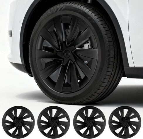 أغطية عجلات مقاس 19 بوصة لطراز Tesla Y، 4 قطع من أغطية ABS سوداء غير لامعة مع واقيات حافة، متوافقة مع موديل 2025-2026 YJuniper in Saudi Arabia