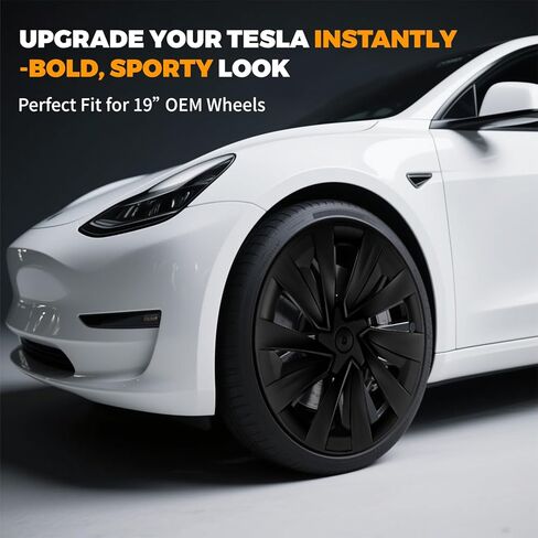 أغطية عجلات مقاس 19 بوصة لطراز Tesla Y، 4 قطع من أغطية ABS سوداء غير لامعة مع واقيات حافة، متوافقة مع موديل 2025-2026 YJuniper in Saudi Arabia