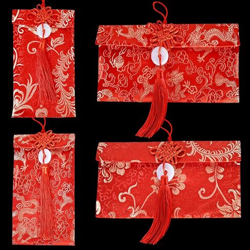 4Pcs Red Envelopes Chinese New Year, Silk Decorative Lunar New Year Envelopes Lucky Money Red Envelope Hongbao Card for Spring Festival, New Year, Wedding and Birthday Celebrations in Saudi Arabia