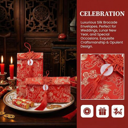 4Pcs Red Envelopes Chinese New Year, Silk Decorative Lunar New Year Envelopes Lucky Money Red Envelope Hongbao Card for Spring Festival, New Year, Wedding and Birthday Celebrations in Saudi Arabia