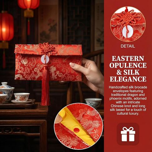 4Pcs Red Envelopes Chinese New Year, Silk Decorative Lunar New Year Envelopes Lucky Money Red Envelope Hongbao Card for Spring Festival, New Year, Wedding and Birthday Celebrations in Saudi Arabia