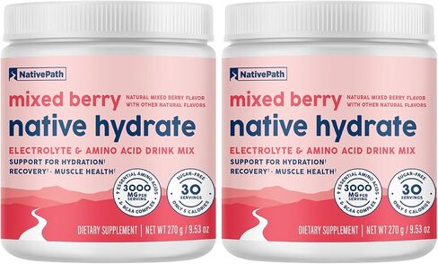 NativePath Native Hydrate، خالي من السكر، مسحوق إلكتروليتات مع BCAAs، مسحوق ترطيب التوت المختلط، صديق للكيتو وباليو، 30 وجبة in Kuwait