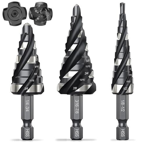 THINKWORK Four Spiral Flute Step Drill Bit Set, 5 Pcs HSS Step Drill Bits (1/8"-1-3/8") Unibit Step Drill Bit, 1/4" and 3/8" Shank Step Bits for Aluminum, Wood, Plastic, Metal in Kuwait