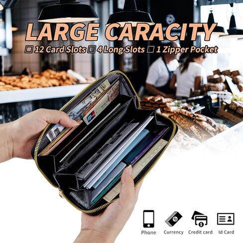 محفظة نسائية بحجب RFID من جلد البولي يوريثان، حقيبة معصم رفيعة ثنائية الطي بسعة كبيرة، 16 فتحة للبطاقات وجيب محفظة للعملات المعدنية بسحاب للسيدات، محفظة معصم للسفر، ورود زرقاء in Kuwait